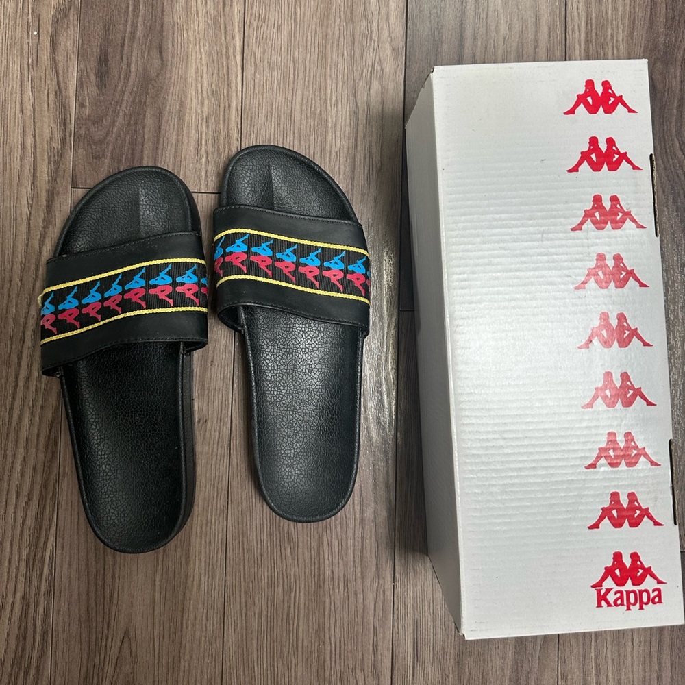 Kappa Black Slide Sandals with Multicolor Logo
